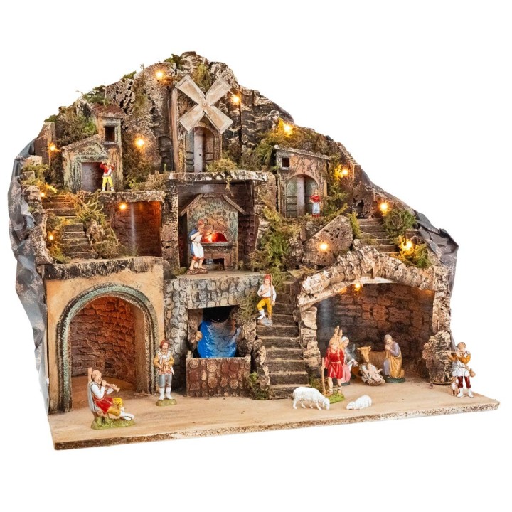 Nativity scene with Landi statues illuminated with oven, stream and