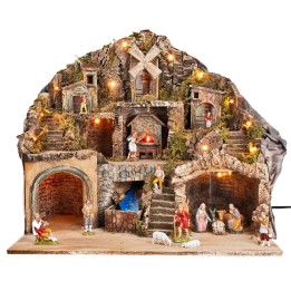 Presepe con statue Landi illuminato con forno, ruscello e