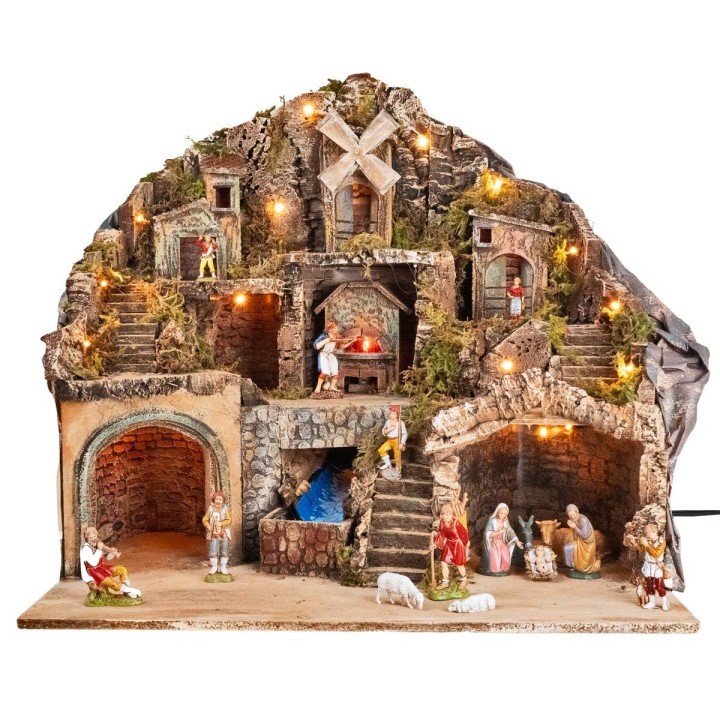 Nativity scene with Landi statues illuminated with oven, stream and