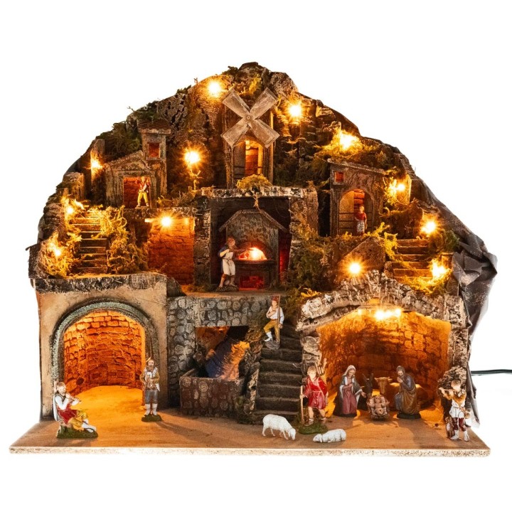 Nativity scene with Landi statues illuminated with oven, stream and
