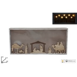 Wooden Nativity with stars illuminated by battery with