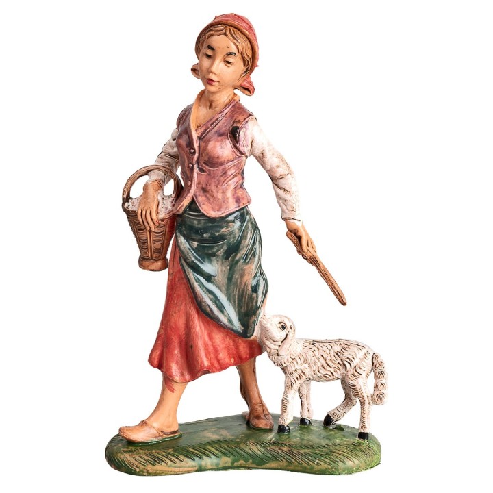 Woman with basket and small sheep h 17-18 cm