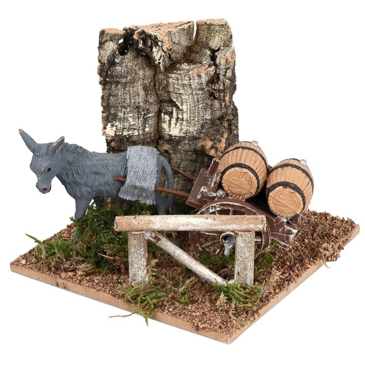 Burro con carro y barriles para belén cm 15x15x12,5 h