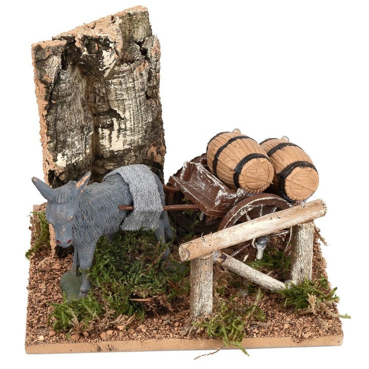 Asino con carro e botti per presepe cm 15x15x12,5 h