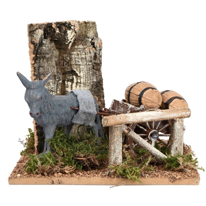 Asino con carro e botti per presepe cm 15x15x12,5 h