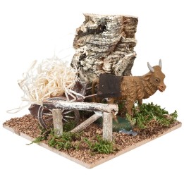 Bue con carro carico di paglia per presepe cm 15x15x12 h