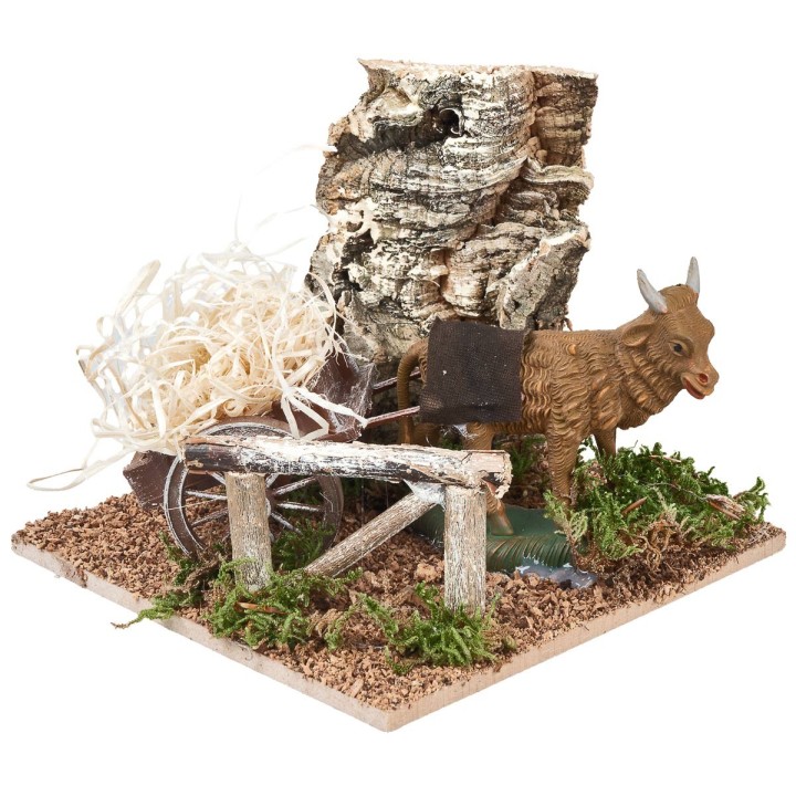 Bue con carro carico di paglia per presepe cm 15x15x12 h