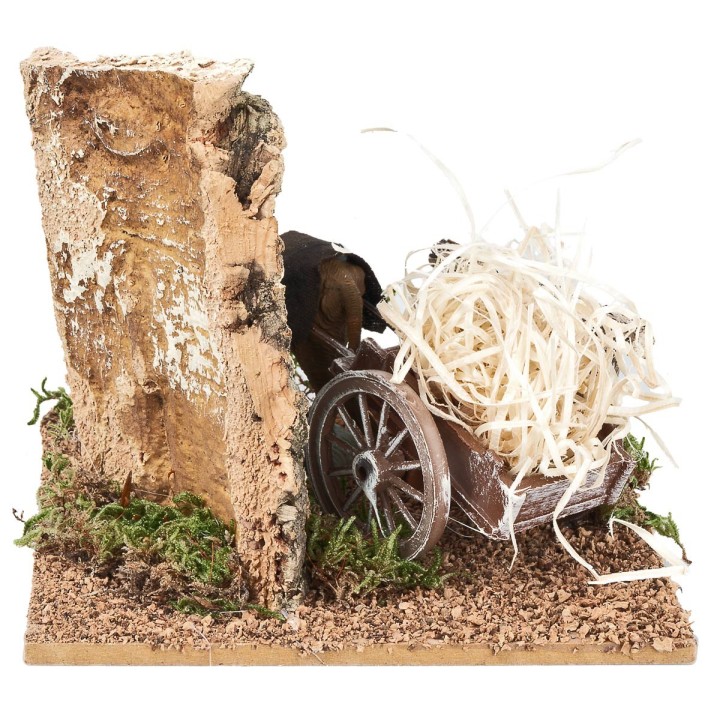Ox with cart loaded with straw for nativity scene cm 15x15x12 h