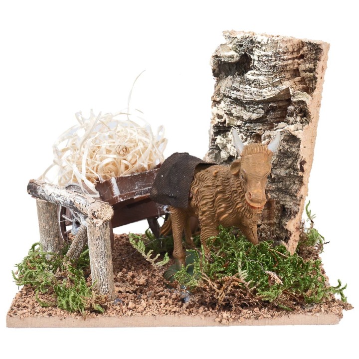 Bue con carreta cargada de paja para pesebre cm 15x15x12 h