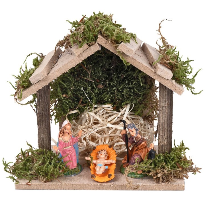 Wooden hut complete with nativity cm 13.5x8x12 h