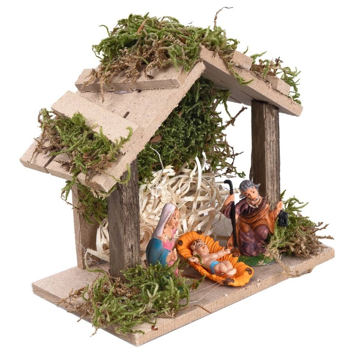 Cabaña de madera completa con natividad de 13,5x8x12 cm h