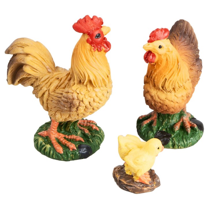 Conjunto de gallo, gallina y pollitos en resina para estatuas
