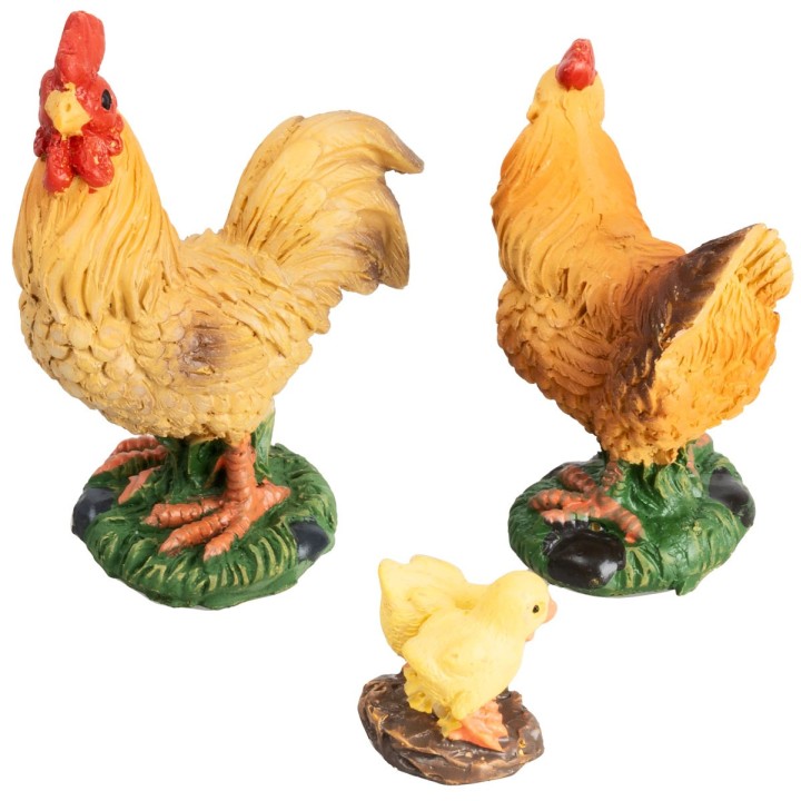 Set gallo, gallina e pulcini in resina per statue da 15-20 cm