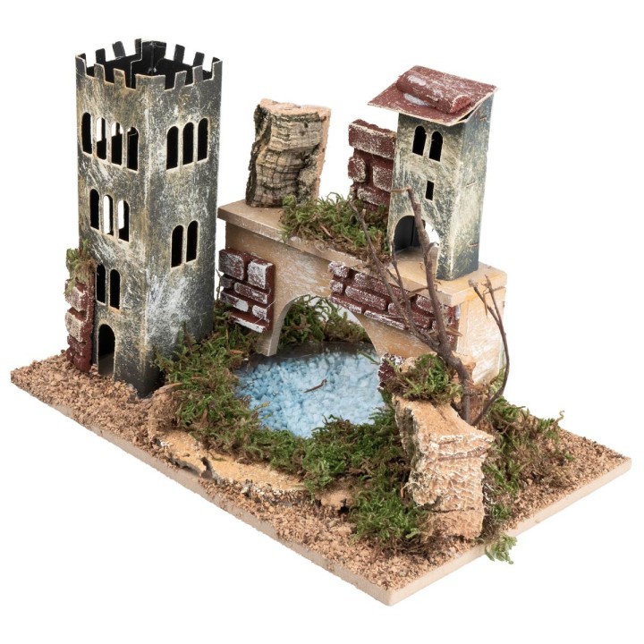 Puente con torre y lago efecto profundidad cm 24x15x12,5 h