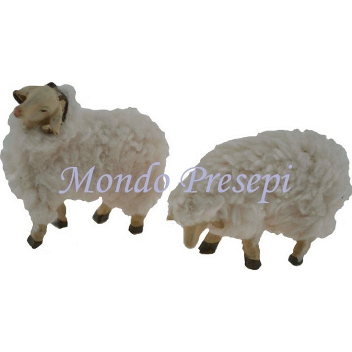 Conjunto de 2 ovejas de resina con lana para estatuas de 10 cm.
