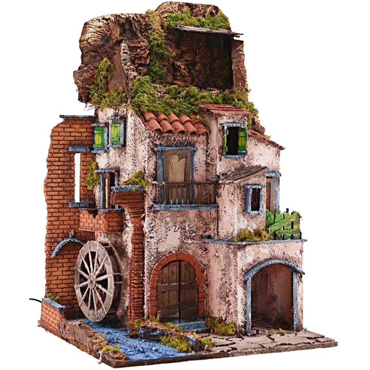 Borgo illuminato con mulino funzionante cm 40x40x65 h