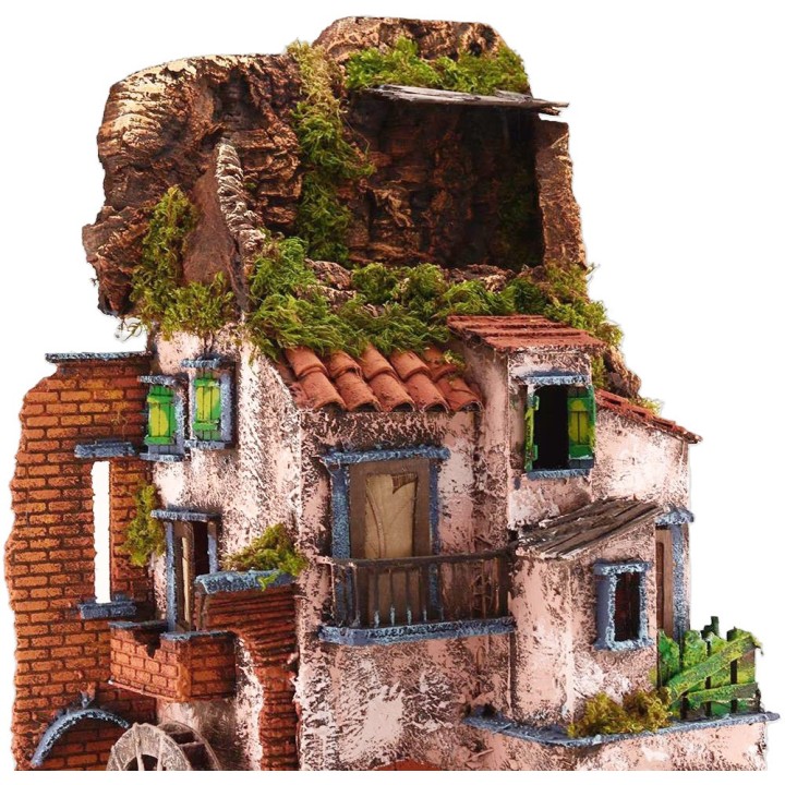 Borgo illuminato con mulino funzionante cm 40x40x65 h