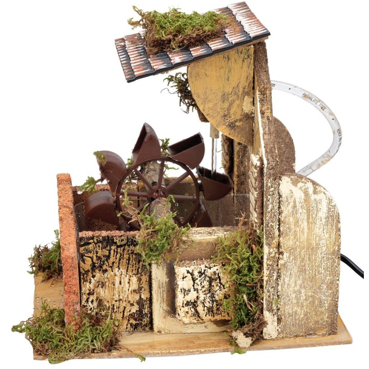 Mulino ad acqua funzionante con muretto frontale, cm 23x18x23 h