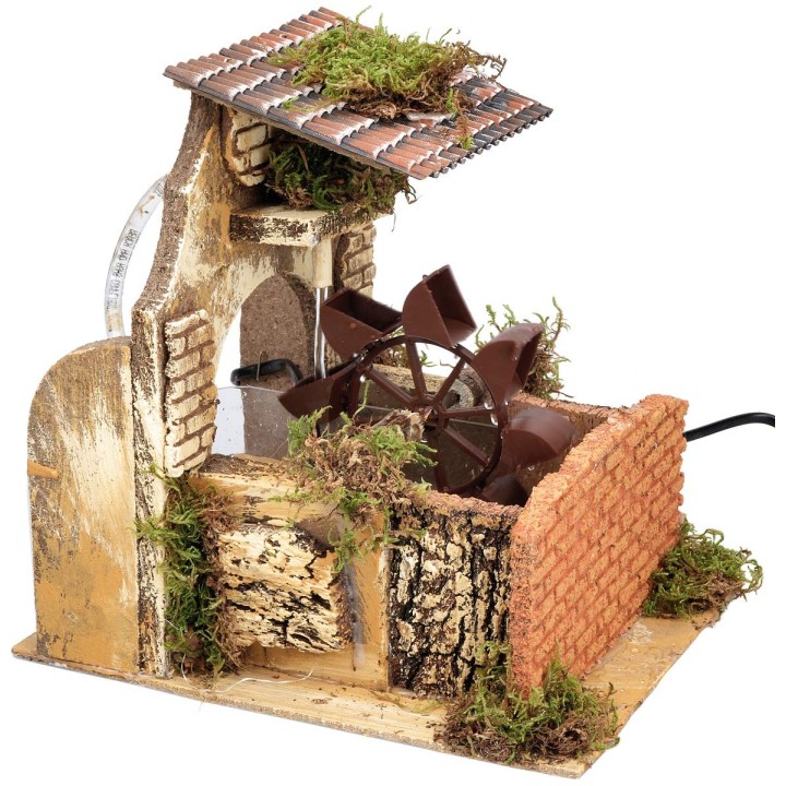 Mulino ad acqua funzionante con muretto frontale, cm 23x18x23 h