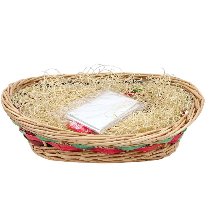 Cesta ovalada en mimbre rojo y verde con kit cm 41x35x15h