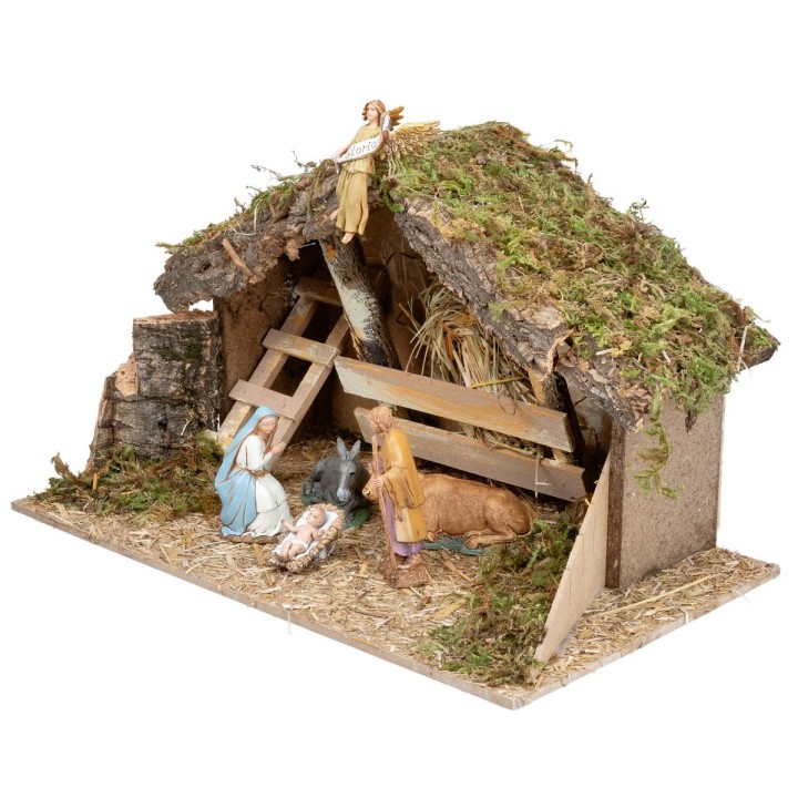 Cabaña con pesebre y escalera lateral completa con estatuas