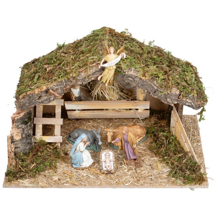 Stable with manger and side ladder complete with Landi statues