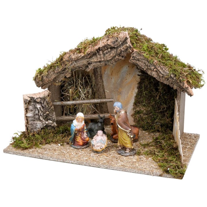 Hut with fence complete with nativity cm 50x29x32 h