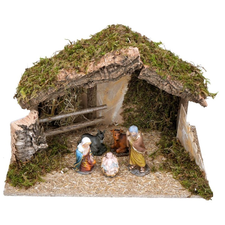 Hut with fence complete with nativity cm 50x29x32 h