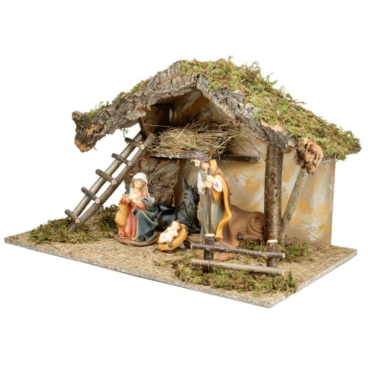 Capanna con tetto spiovente completa di natività cm 60x35x35 h