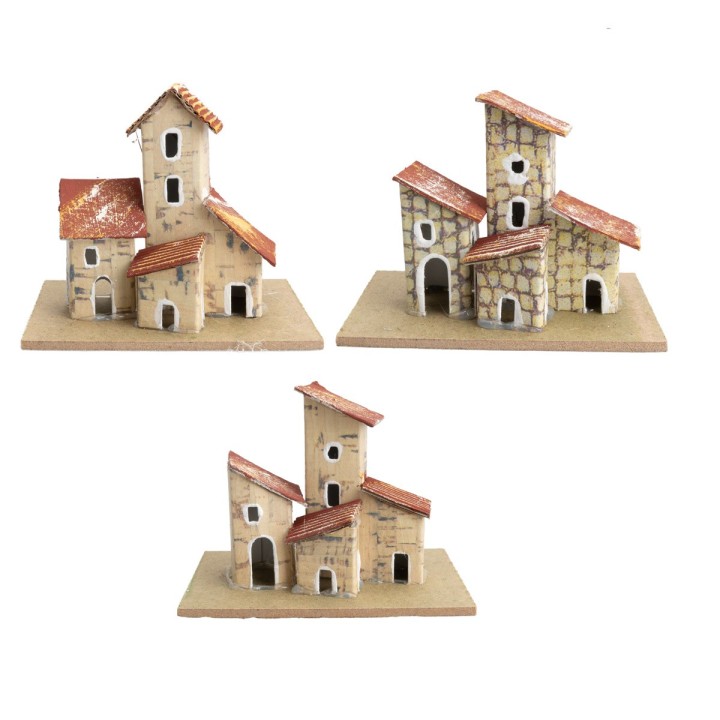 Set of three small houses with roof facing right cm 10x6.2x7.5 h
