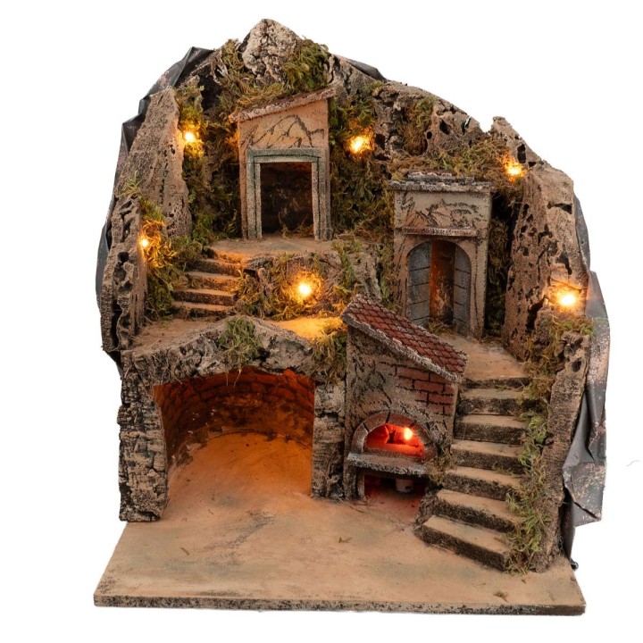 Pesebre iluminado con horno eléctrico funcionando cm 33x29x37