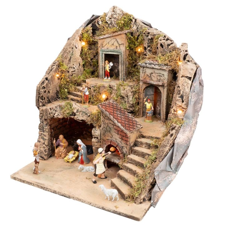 Pesebre iluminado con horno funcional completo con estatuas