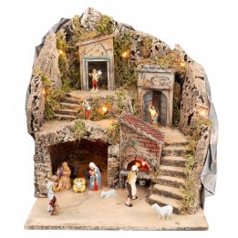 Presepe illuminato con forno funzionante completo di statue