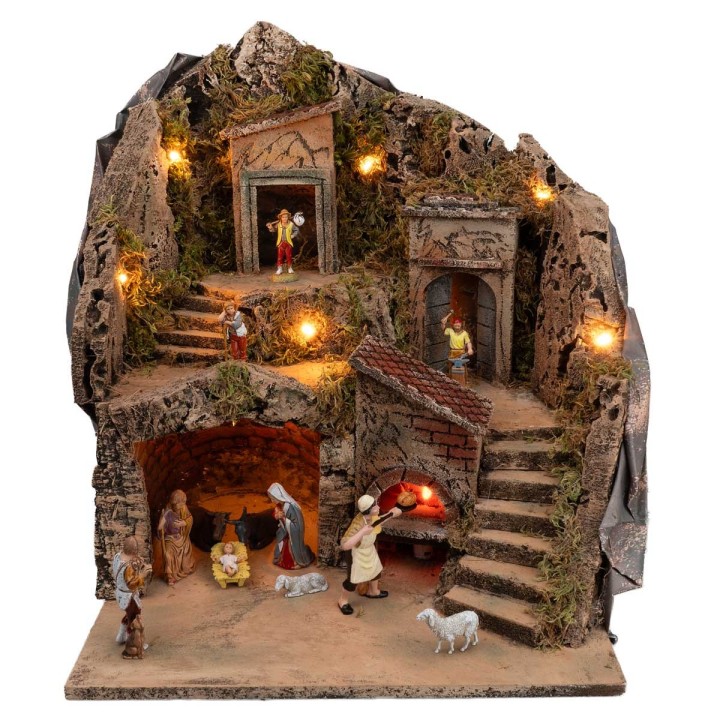 Presepe illuminato con forno funzionante completo di statue