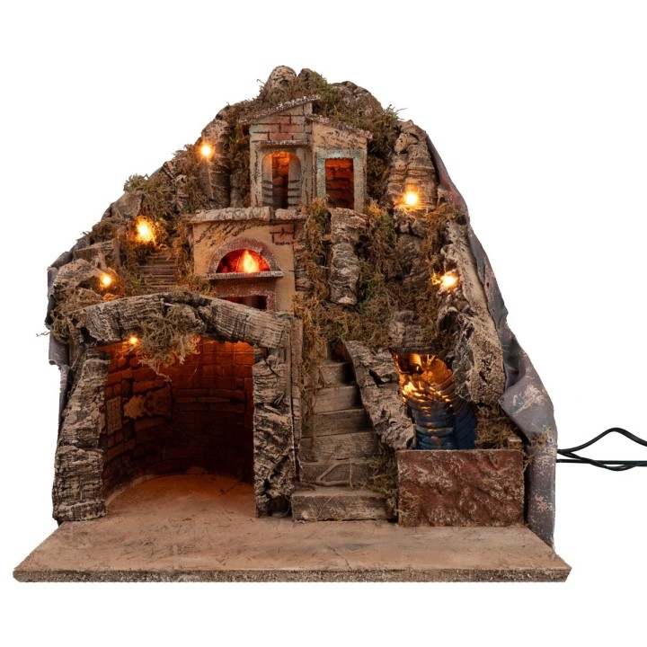 Illuminated nativity scene with electric oven and working stream