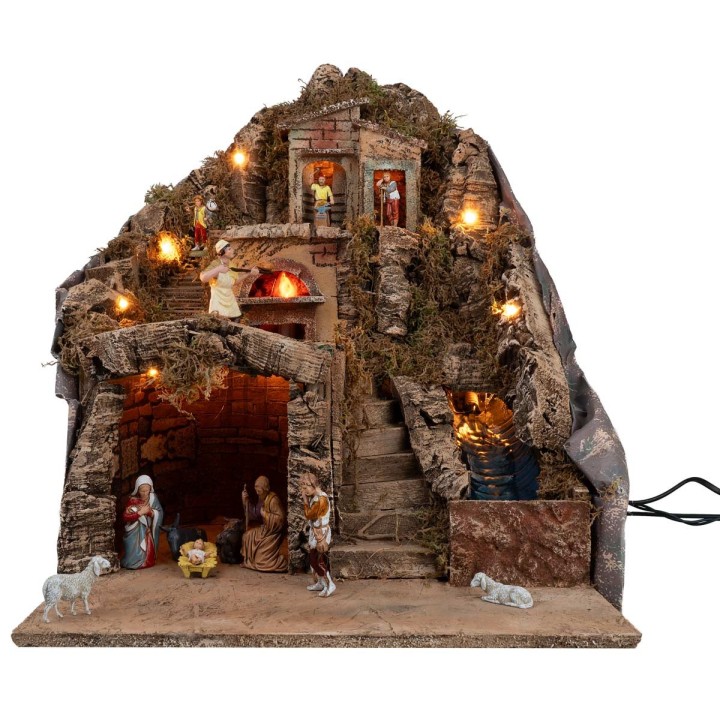 Presepe illuminato con forno e ruscello funzionante completa di