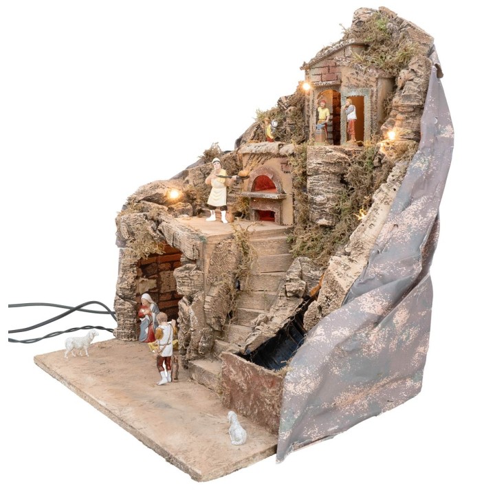Presepe illuminato con forno e ruscello funzionante completa di