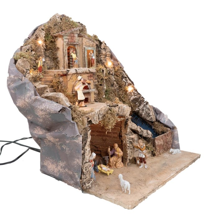Presepe illuminato con forno e ruscello funzionante completa di