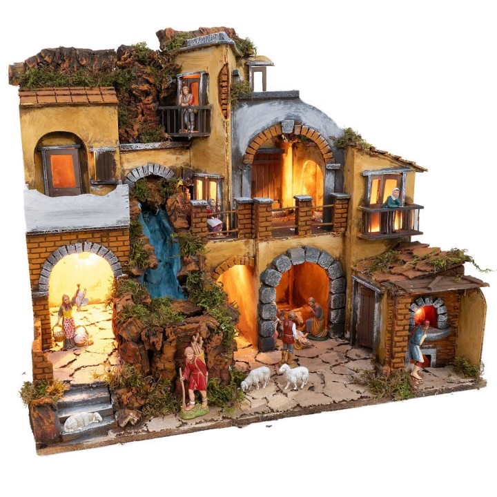 Presepe con borgo illuminato con cascata cm 60x40X54 h