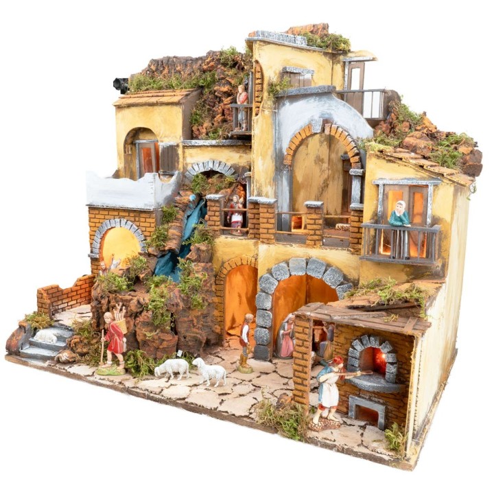 Presepe con borgo illuminato con cascata cm 60x40X54 h