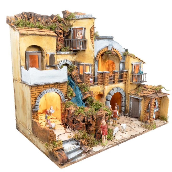 Presepe con borgo illuminato con cascata cm 60x40X54 h
