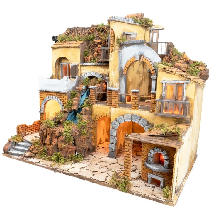 Belén con pueblo iluminado con cascada 60x40