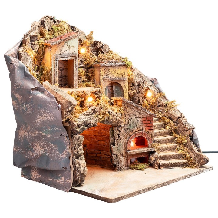 Presepe illuminato con forno funzionante a corrente cm 33x29x37