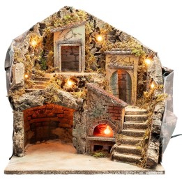 Presepe illuminato con forno funzionante a corrente cm 33x29x37