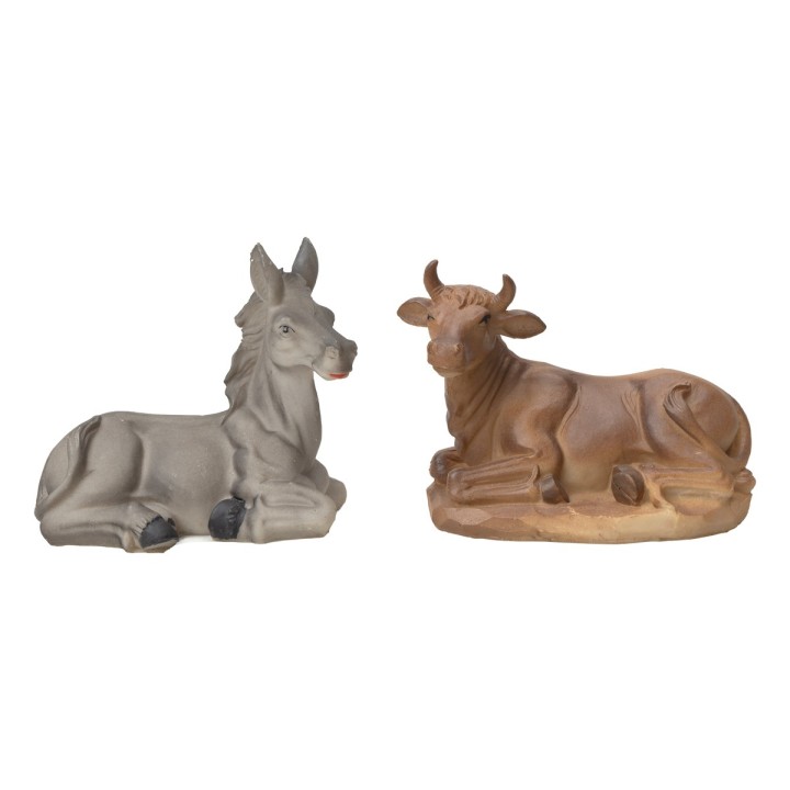 Set bue e asino seduti in resina per statue da 15 cm