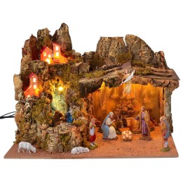 Complete nativity scene with Landi Moranduzzo statues, lights, and waterfall