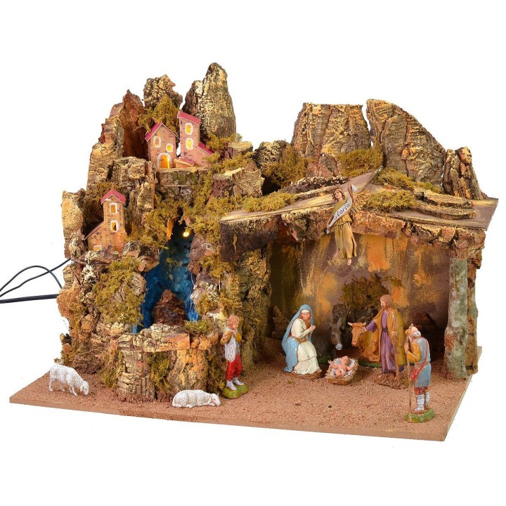 Complete nativity scene with Landi Moranduzzo statues, lights, and waterfall