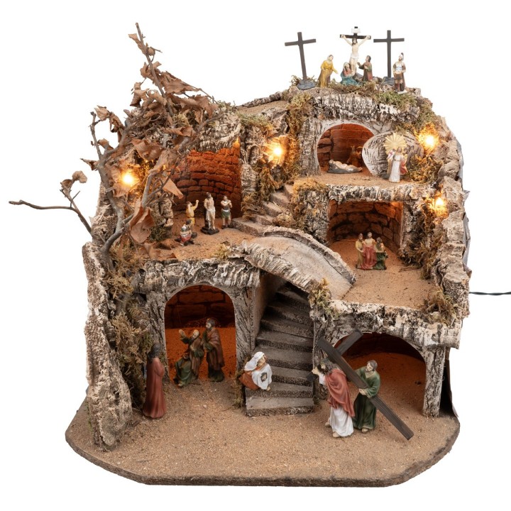 Pesebre iluminado completo con estatuas pascuales cm 50x50x37 h