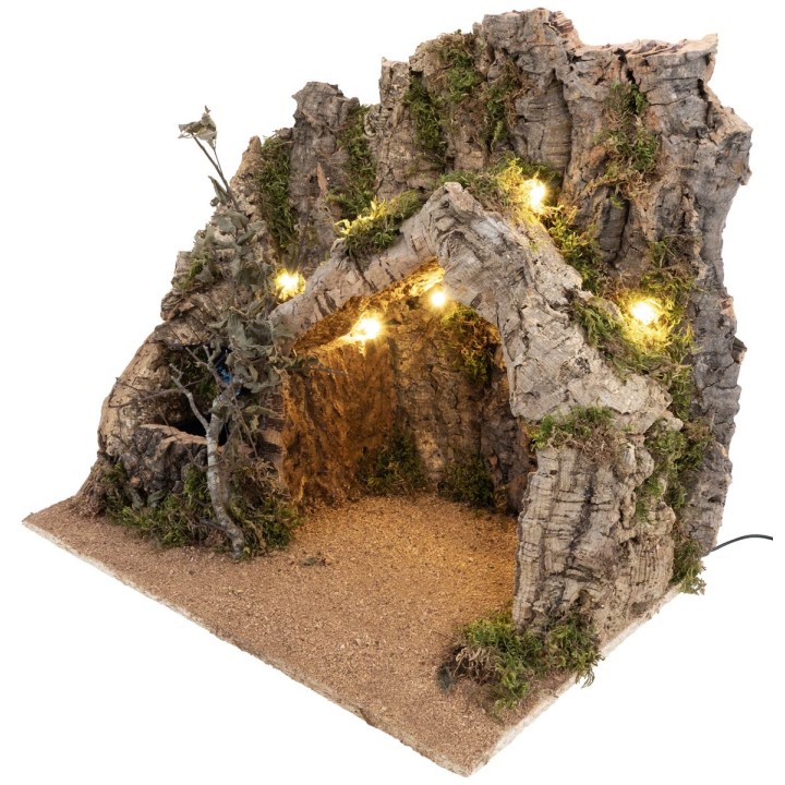 Presepe illuminato con capanna in corteccia di sughero e