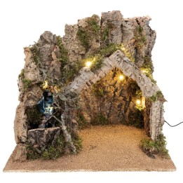 Presepe illuminato con capanna in corteccia di sughero e